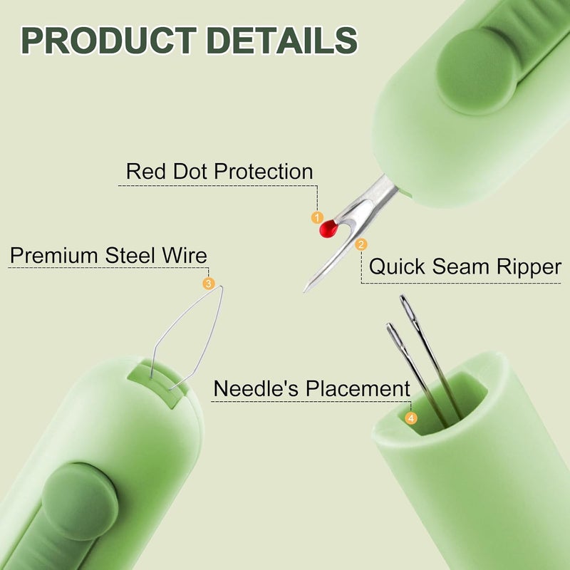 FENGWANGLI Automatic Needle Threaders Seam Ripper, Upgraded 3 in 1 Sewing Needle Threader Tool, Stretchable Quick Seam Rippers with Needle Storage for Hand Quilling, Embroidery Stitch Removal(Green) - Image 2